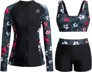 Holipick Long Sleeve Swimsuits for Women - 3 Piece Rash Guard with Shorts Zipper SPF Swim Shirt with Built in Bra