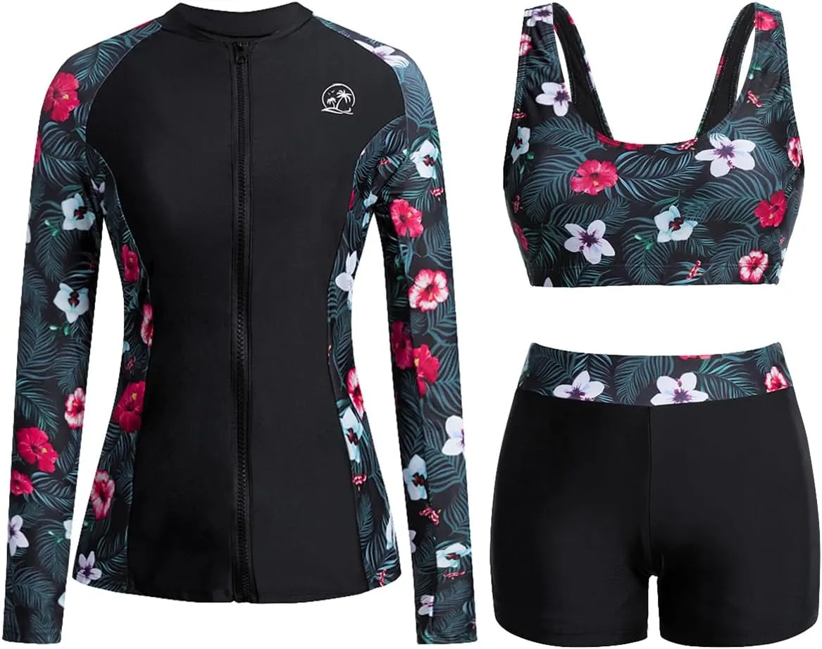 Holipick Long Sleeve Swimsuits for Women - 3 Piece Rash Guard with Shorts Zipper SPF Swim Shirt with Built in Bra
