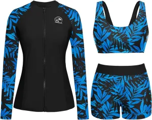 Holipick Long Sleeve Swimsuits for Women - 3 Piece Rash Guard with Shorts Zipper SPF Swim Shirt with Built in Bra