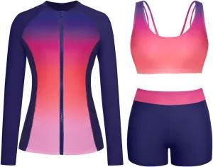Holipick Long Sleeve Swimsuits for Women - 3 Piece Rash Guard with Shorts Zipper SPF Swim Shirt with Built in Bra