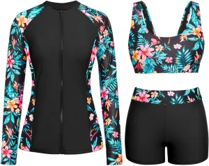 Holipick Long Sleeve Swimsuits for Women - 3 Piece Rash Guard with Shorts Zipper SPF Swim Shirt with Built in Bra