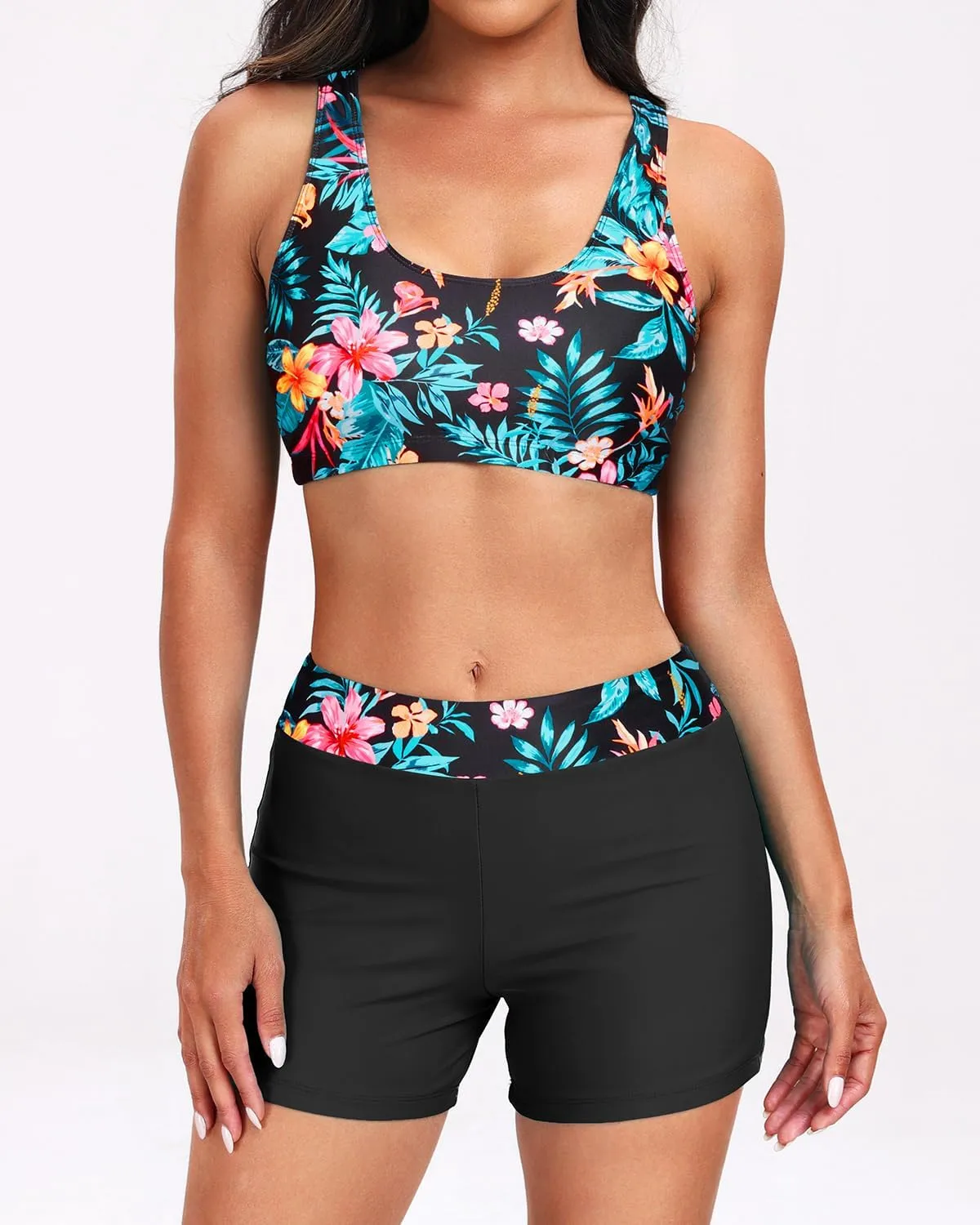 Holipick Long Sleeve Swimsuits for Women - 3 Piece Rash Guard with Shorts Zipper SPF Swim Shirt with Built in Bra