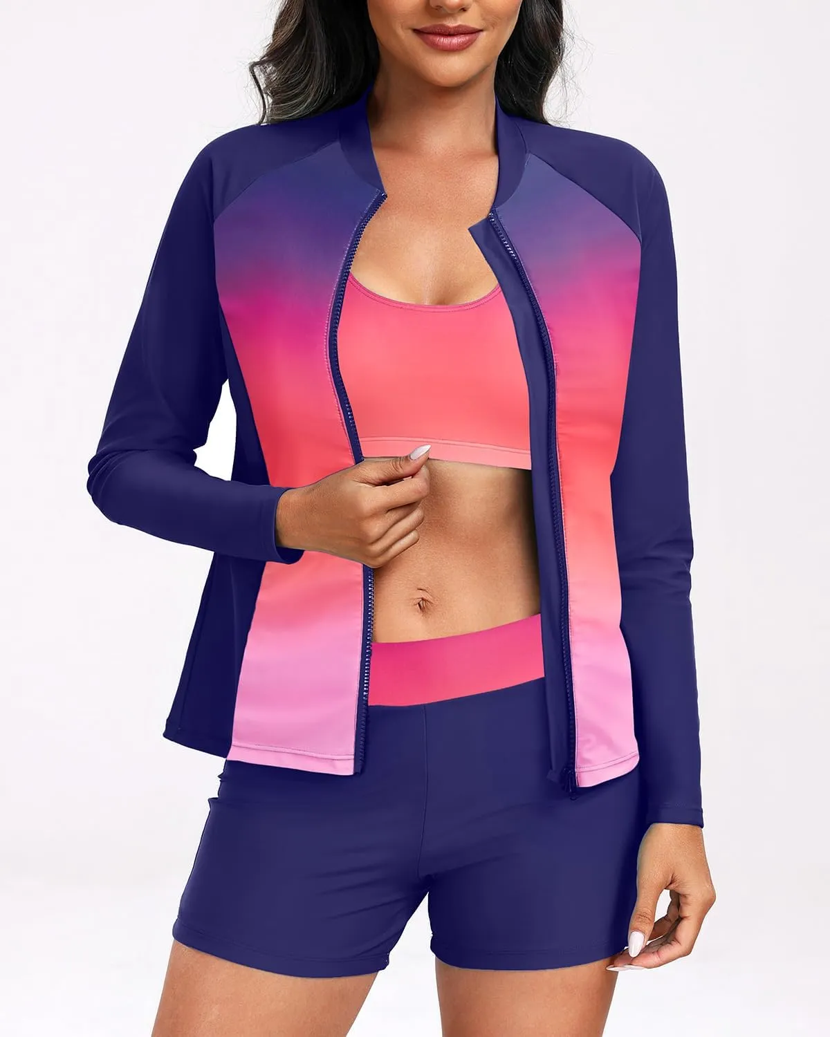Holipick Long Sleeve Swimsuits for Women - 3 Piece Rash Guard with Shorts Zipper SPF Swim Shirt with Built in Bra