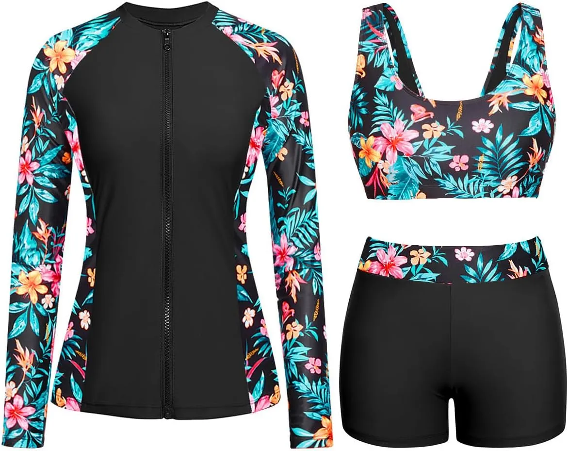 Holipick Long Sleeve Swimsuits for Women - 3 Piece Rash Guard with Shorts Zipper SPF Swim Shirt with Built in Bra