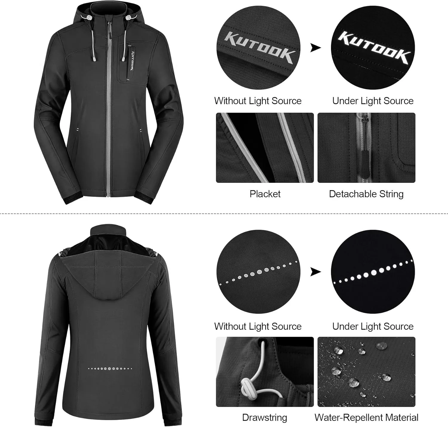 KUTOOK Thermal Fleece Women's Softshell Jacket Windproof Hiking Running Jacket with Hood for Outdoor Sports