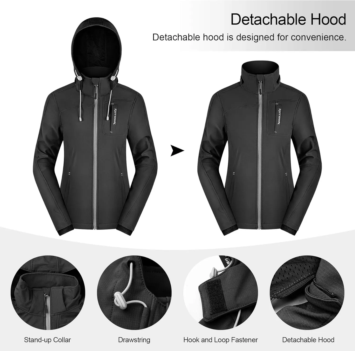 KUTOOK Thermal Fleece Women's Softshell Jacket Windproof Hiking Running Jacket with Hood for Outdoor Sports