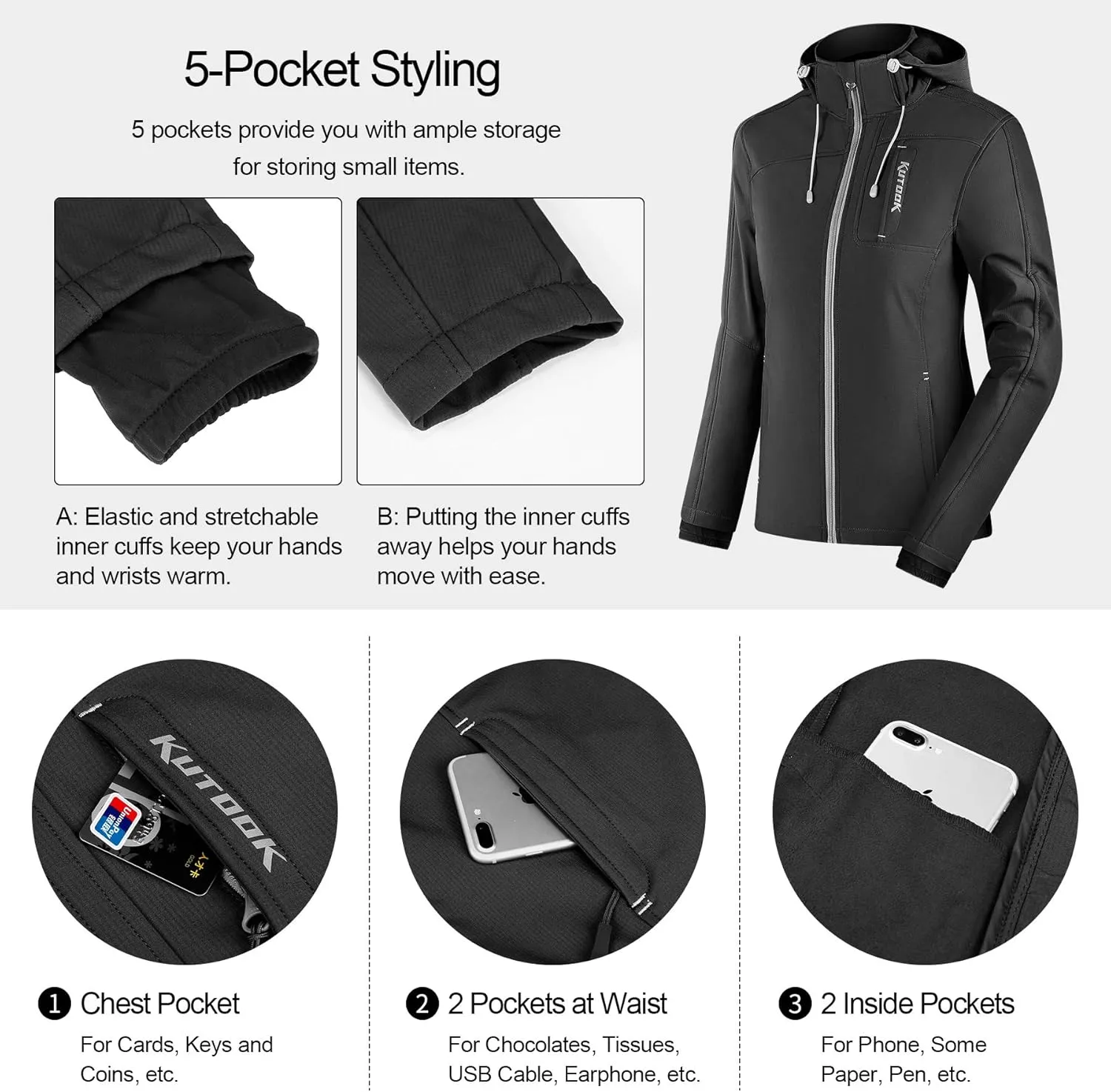 KUTOOK Thermal Fleece Women's Softshell Jacket Windproof Hiking Running Jacket with Hood for Outdoor Sports