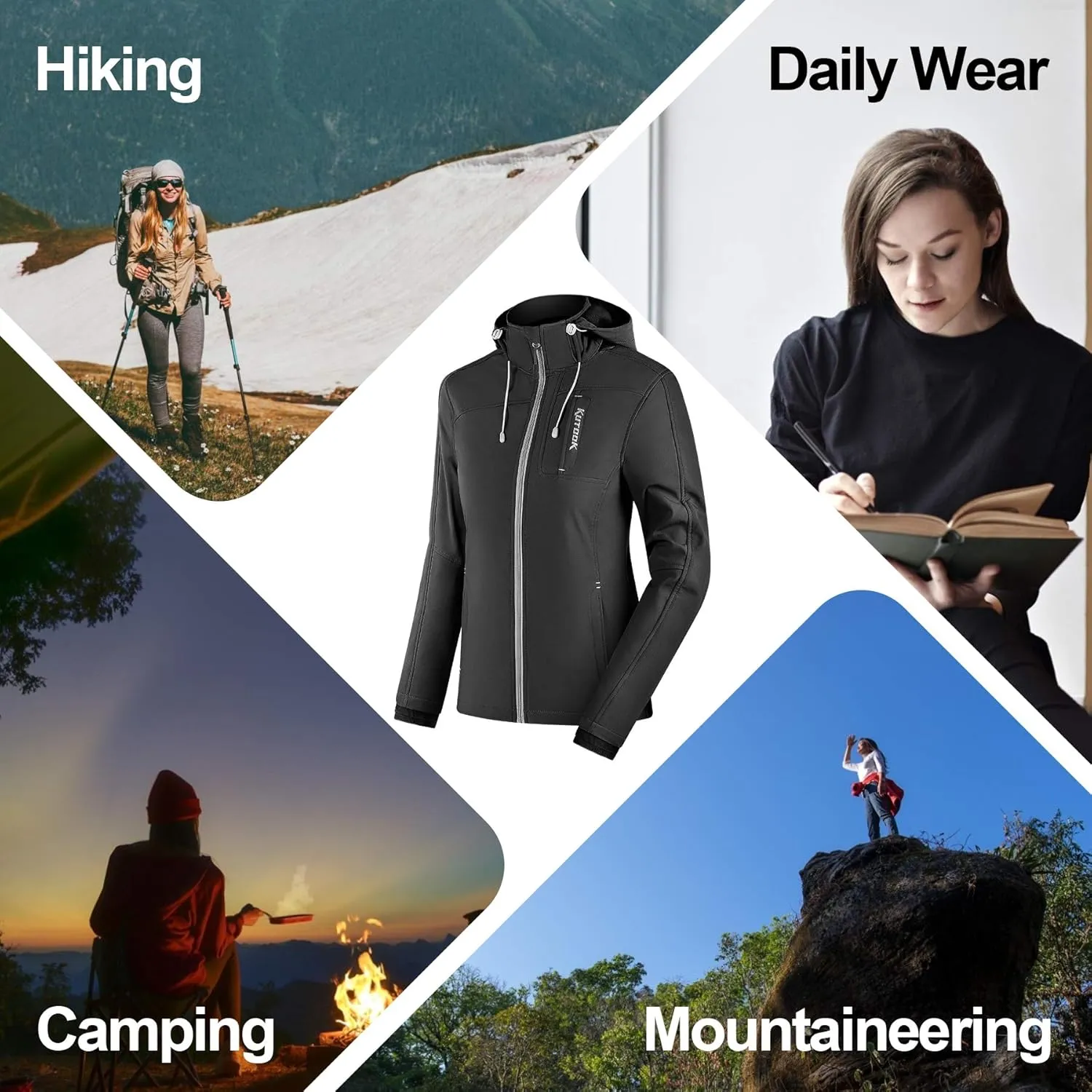 KUTOOK Thermal Fleece Women's Softshell Jacket Windproof Hiking Running Jacket with Hood for Outdoor Sports