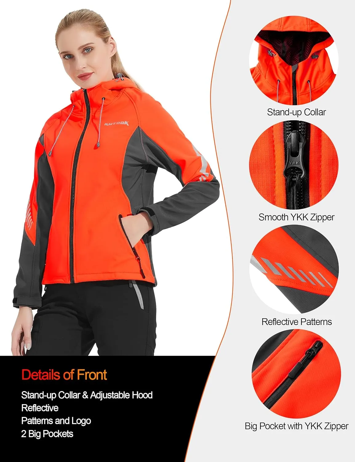 KUTOOK Women's Softshell Jacket with Hood, Lightweight Thermal Fleece Lined Windproof Water Repellent Coat for Hiking Running