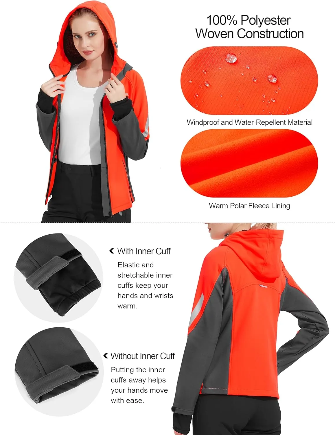 KUTOOK Women's Softshell Jacket with Hood, Lightweight Thermal Fleece Lined Windproof Water Repellent Coat for Hiking Running
