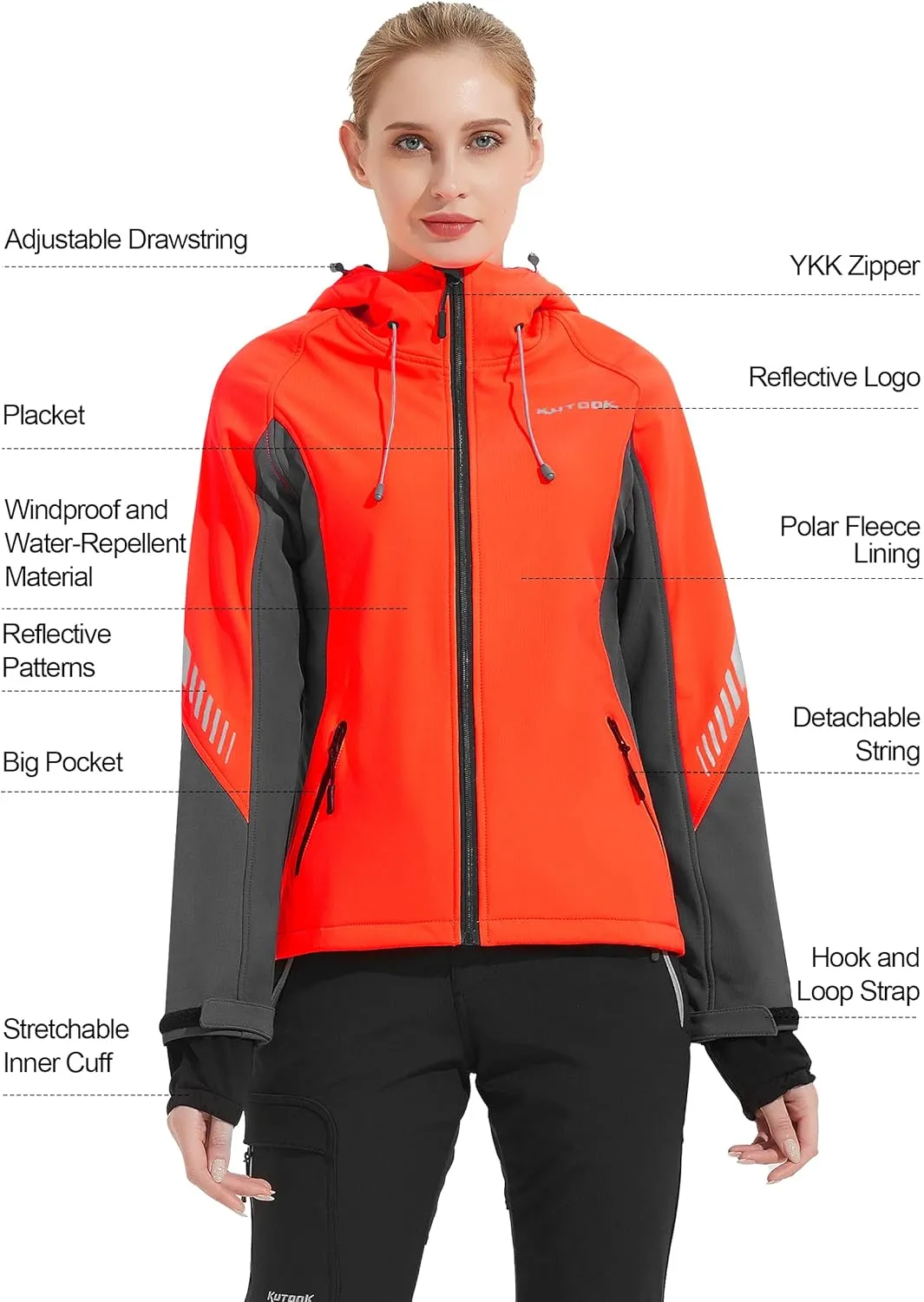 KUTOOK Women's Softshell Jacket with Hood, Lightweight Thermal Fleece Lined Windproof Water Repellent Coat for Hiking Running