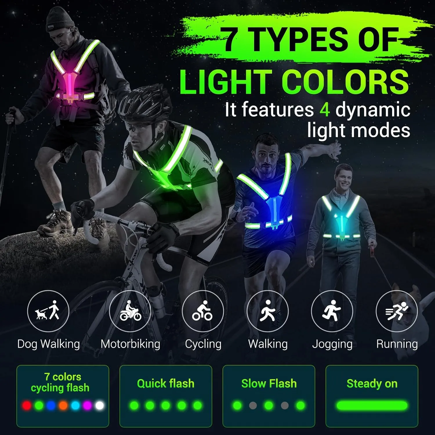 Led Reflective Vest Running Gear，7 Lights Colors Light Up Running Vest, Rechargeable High-Visibility Adjustable Vest for Running, Cycling, and Night Activities（Green）