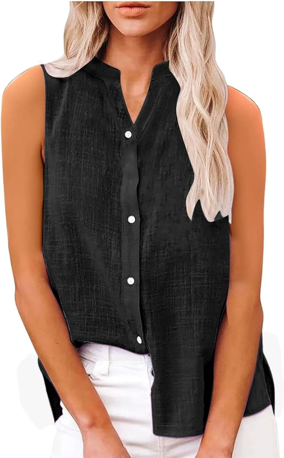 Linen Blend Tops for Women Button Down Sleeveless V Neck Plus Size Linen Shirts Summer Casual Trendy Work Blouses