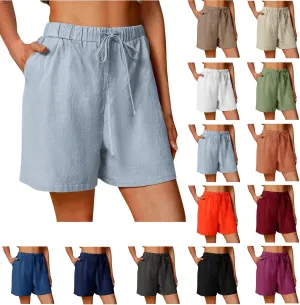 Linen Shorts for Women Casual Summer Elastic High Waisted Short Pants Loose Lightweight Soft Comfy Beach Shorts with Pockets