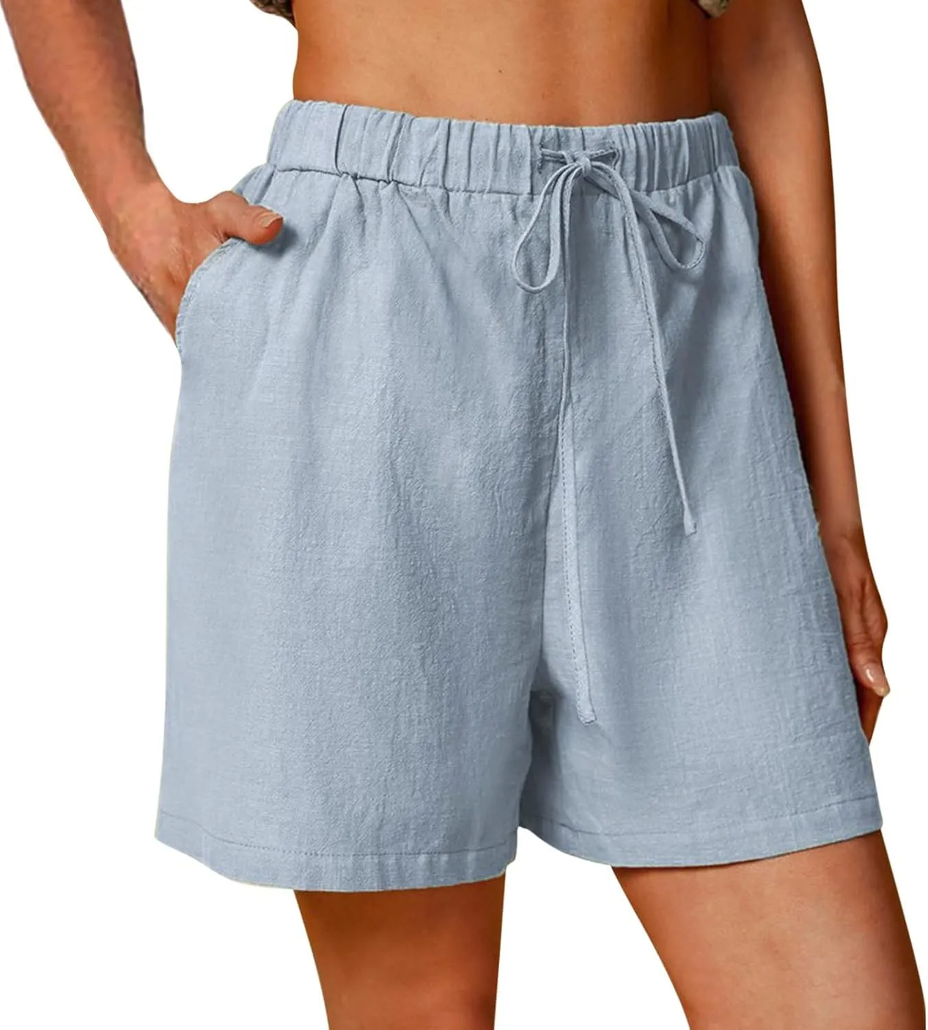 Linen Shorts for Women Casual Summer Elastic High Waisted Short Pants Loose Lightweight Soft Comfy Beach Shorts with Pockets