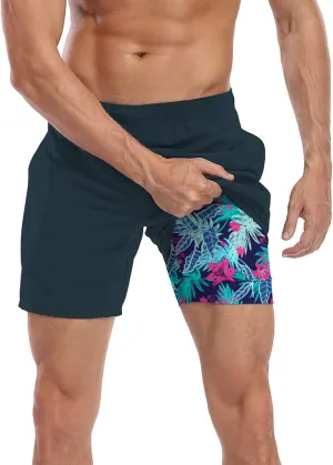LRD Mens Swim Trunks with Compression Liner 7 inch Inseam Quick Dry Swim Shorts