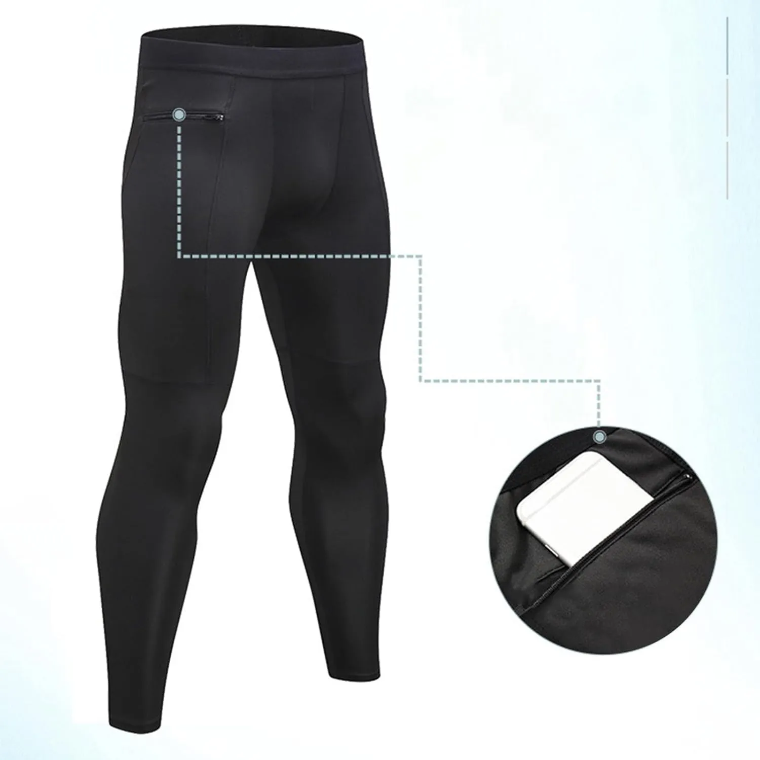 Mens Compression Pants with Zipper Pockets,Athletic Leggings Baselayer Workout Tights for Running Yoga Gym Basketball