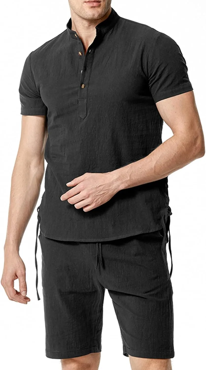 Men's Cotton Linen 2 Piece Sets Summer Beach Outfits Solid Color T Shirts and Shorts Suits Lounge Holiday Sweatsuit