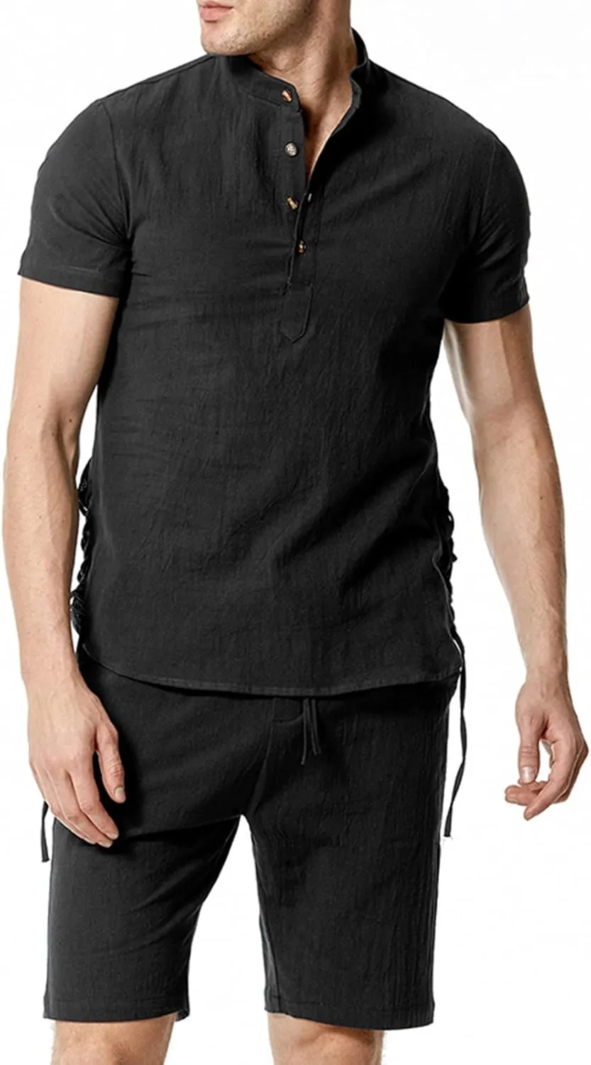 Men's Cotton Linen 2 Piece Sets Summer Beach Outfits Solid Color T Shirts and Shorts Suits Lounge Holiday Sweatsuit