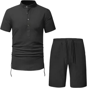 Men's Cotton Linen 2 Piece Sets Summer Beach Outfits Solid Color T Shirts and Shorts Suits Lounge Holiday Sweatsuit