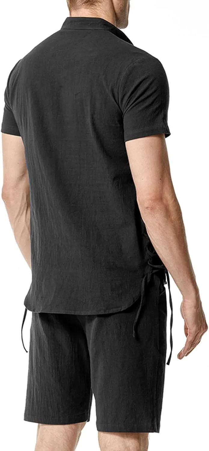 Men's Cotton Linen 2 Piece Sets Summer Beach Outfits Solid Color T Shirts and Shorts Suits Lounge Holiday Sweatsuit