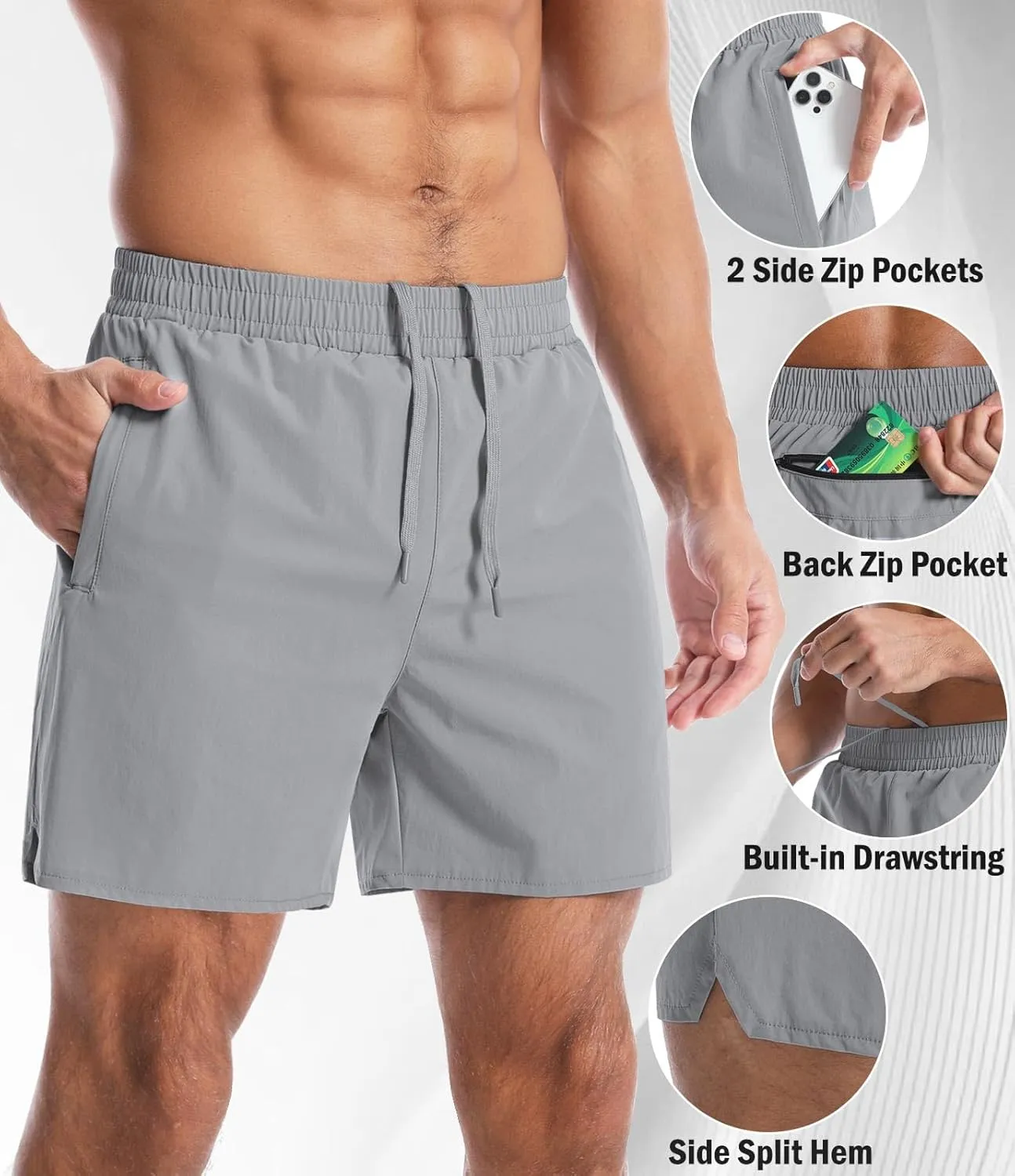 Men's Gym Workout Shorts with Zipper Pockets - 5" Lightweight Running Athletic Shorts Bodybuilding Training