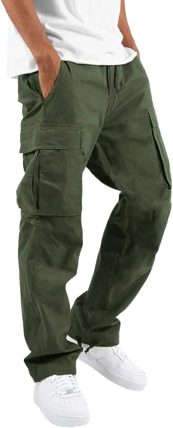 Mens Lightweight Joggers Mens Casual Waist Color Sports Hat Multi Woven Pocket Foot Rope Solid Pants Exercise Pants
