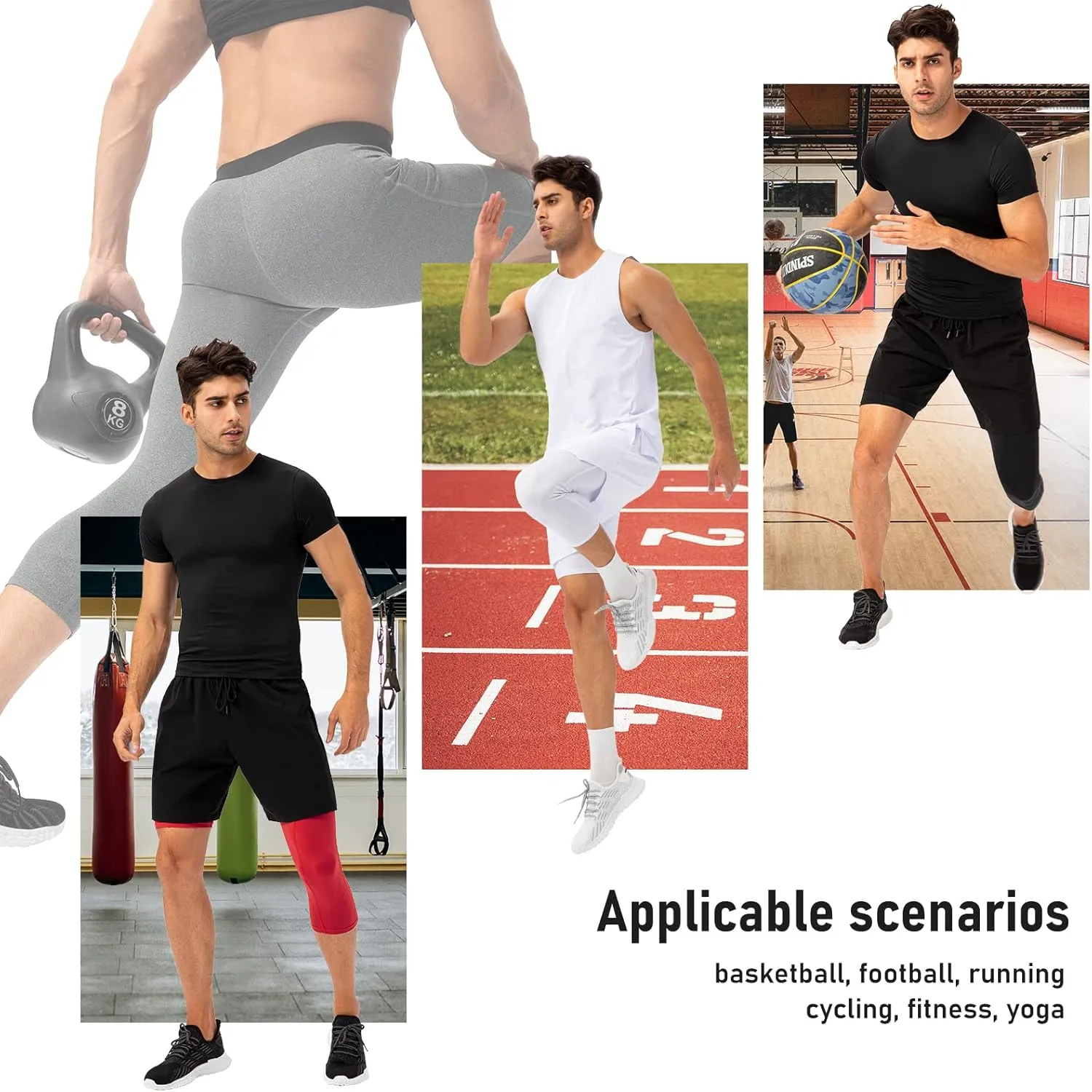 Mens One Leg Compression Tights for Basketball Gym Sport Leggings 3/4 Compression Pants with Pockets