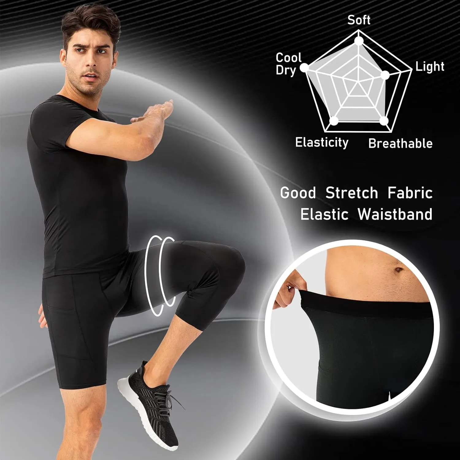 Mens One Leg Compression Tights for Basketball Gym Sport Leggings 3/4 Compression Pants with Pockets