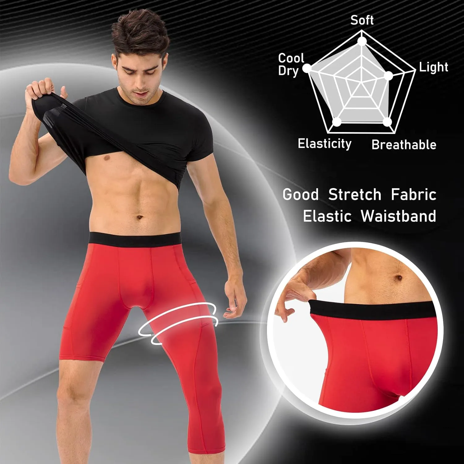 Mens One Leg Compression Tights for Basketball Gym Sport Leggings 3/4 Compression Pants with Pockets