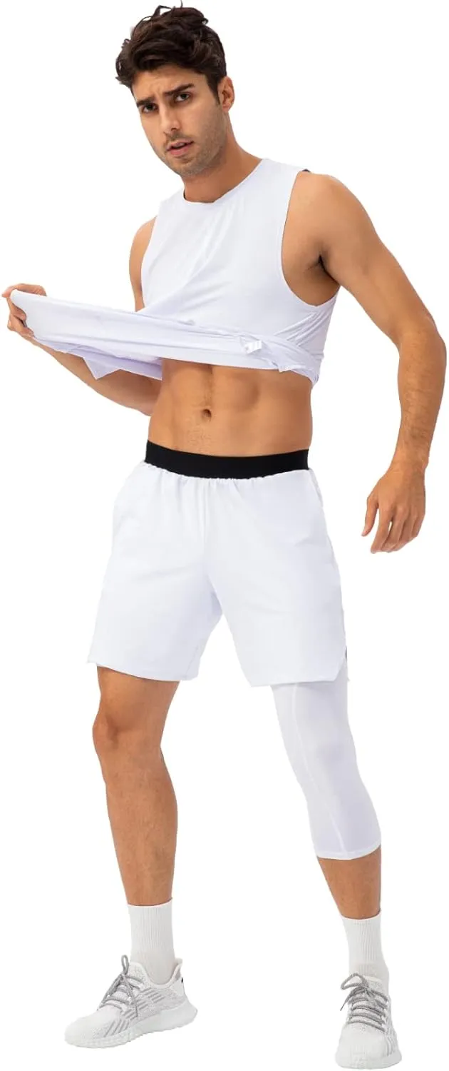 Mens One Leg Compression Tights for Basketball Gym Sport Leggings 3/4 Compression Pants with Pockets