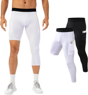 Mens One Leg Compression Tights for Basketball Gym Sport Leggings 3/4 Compression Pants with Pockets