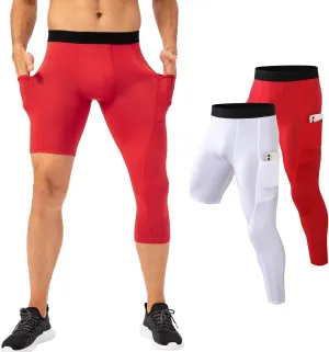 Mens One Leg Compression Tights for Basketball Gym Sport Leggings 3/4 Compression Pants with Pockets