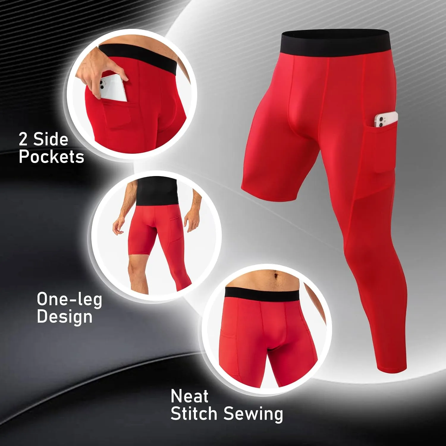 Mens One Leg Compression Tights for Basketball Gym Sport Leggings 3/4 Compression Pants with Pockets