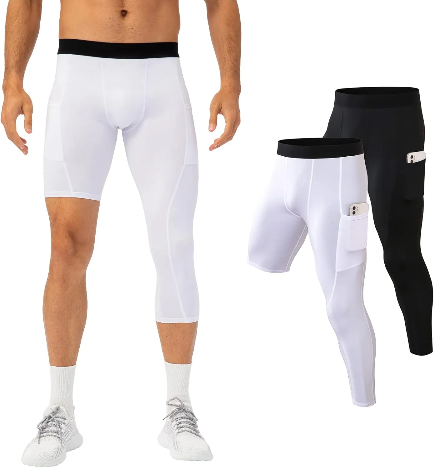 Mens One Leg Compression Tights for Basketball Gym Sport Leggings 3/4 Compression Pants with Pockets