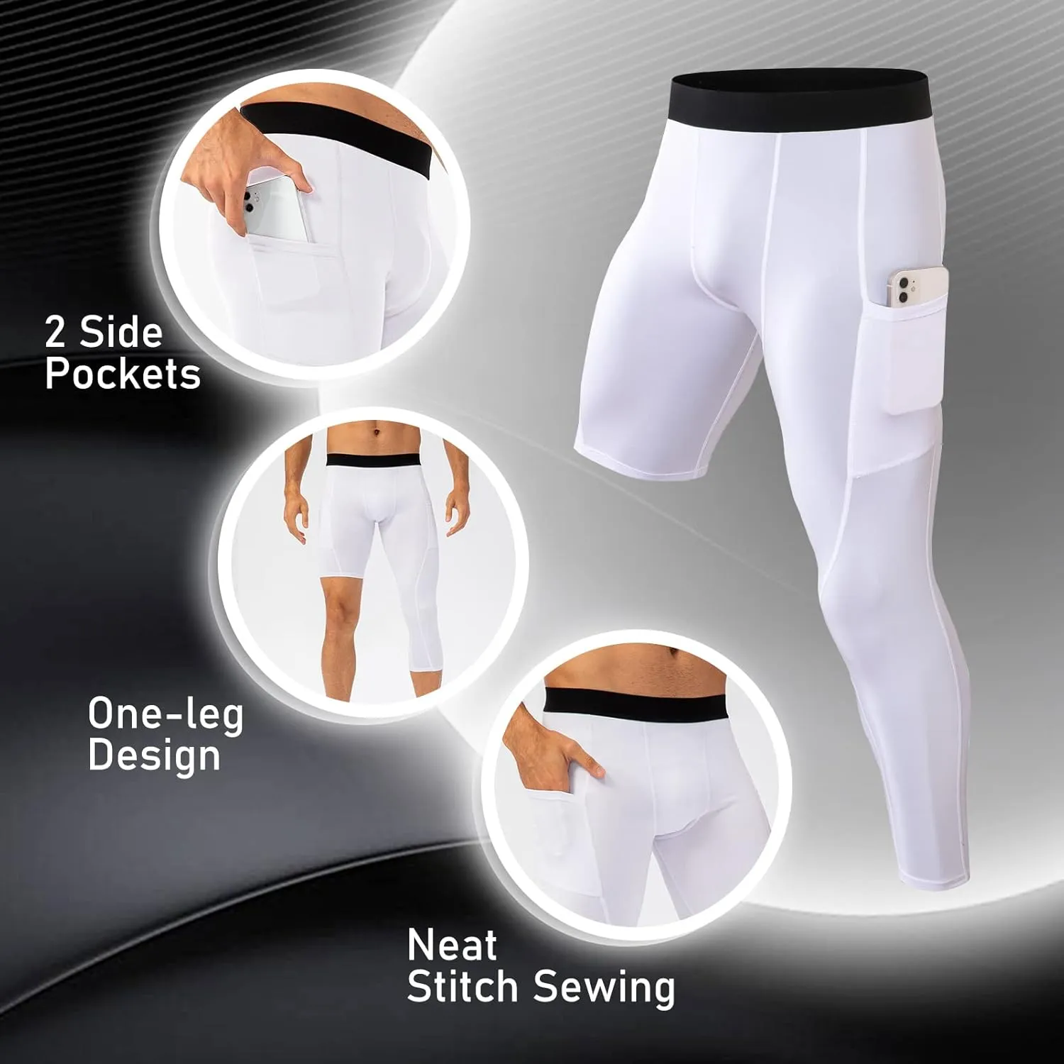 Mens One Leg Compression Tights for Basketball Gym Sport Leggings 3/4 Compression Pants with Pockets