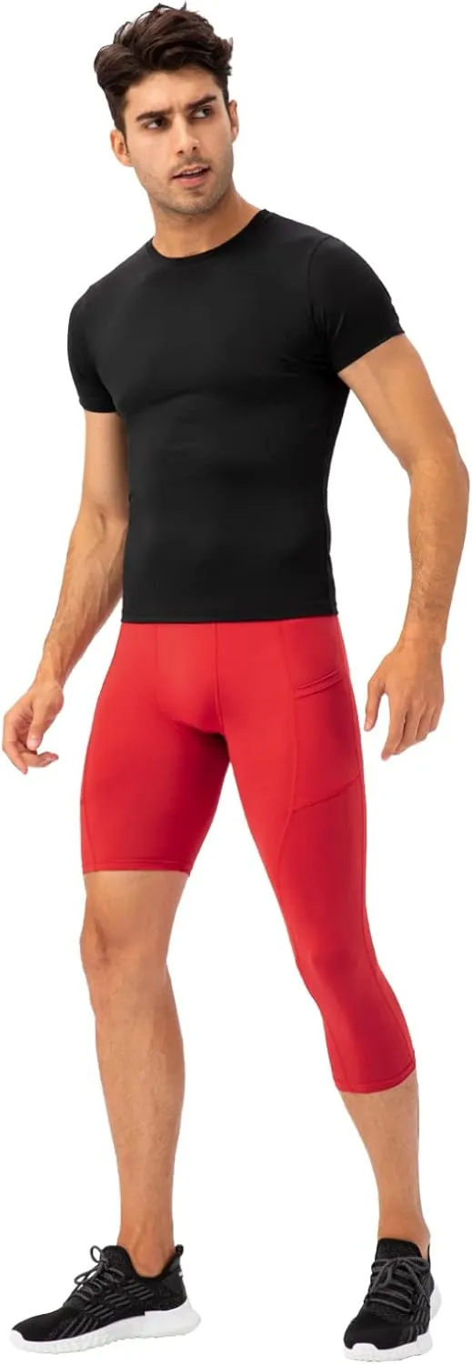 Mens One Leg Compression Tights for Basketball Gym Sport Leggings 3/4 Compression Pants with Pockets