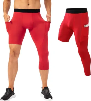 Mens One Leg Compression Tights for Basketball Gym Sport Leggings 3/4 Compression Pants with Pockets