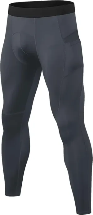 Mens Running Leggings High Wicking Compression Leggings Solid Color Bodybuilding Trousers Workout Tights with Pockets