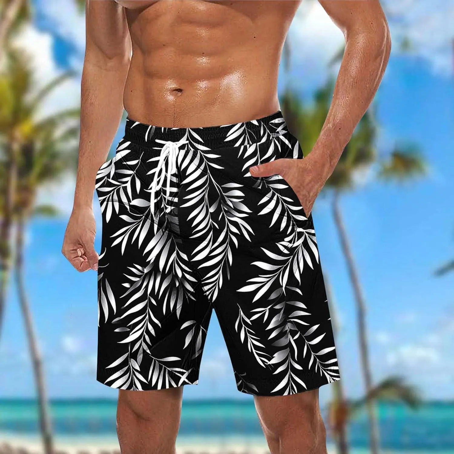 Mens Shorts Cotton Linen Shorts Elastic Waist Casual Cargo Shorts Lightweight Classic Fit Summer Beach Shorts