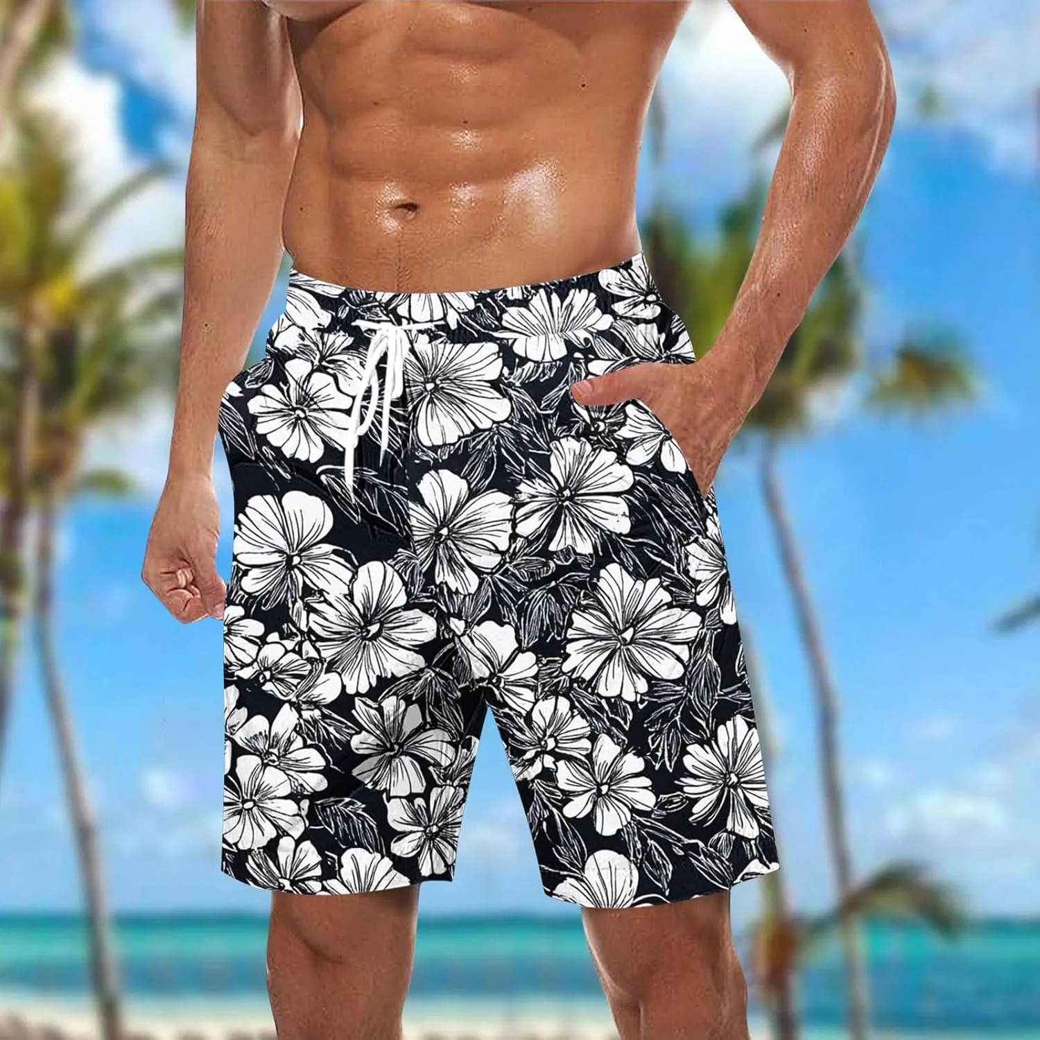 Mens Shorts Cotton Linen Shorts Elastic Waist Casual Cargo Shorts Lightweight Classic Fit Summer Beach Shorts
