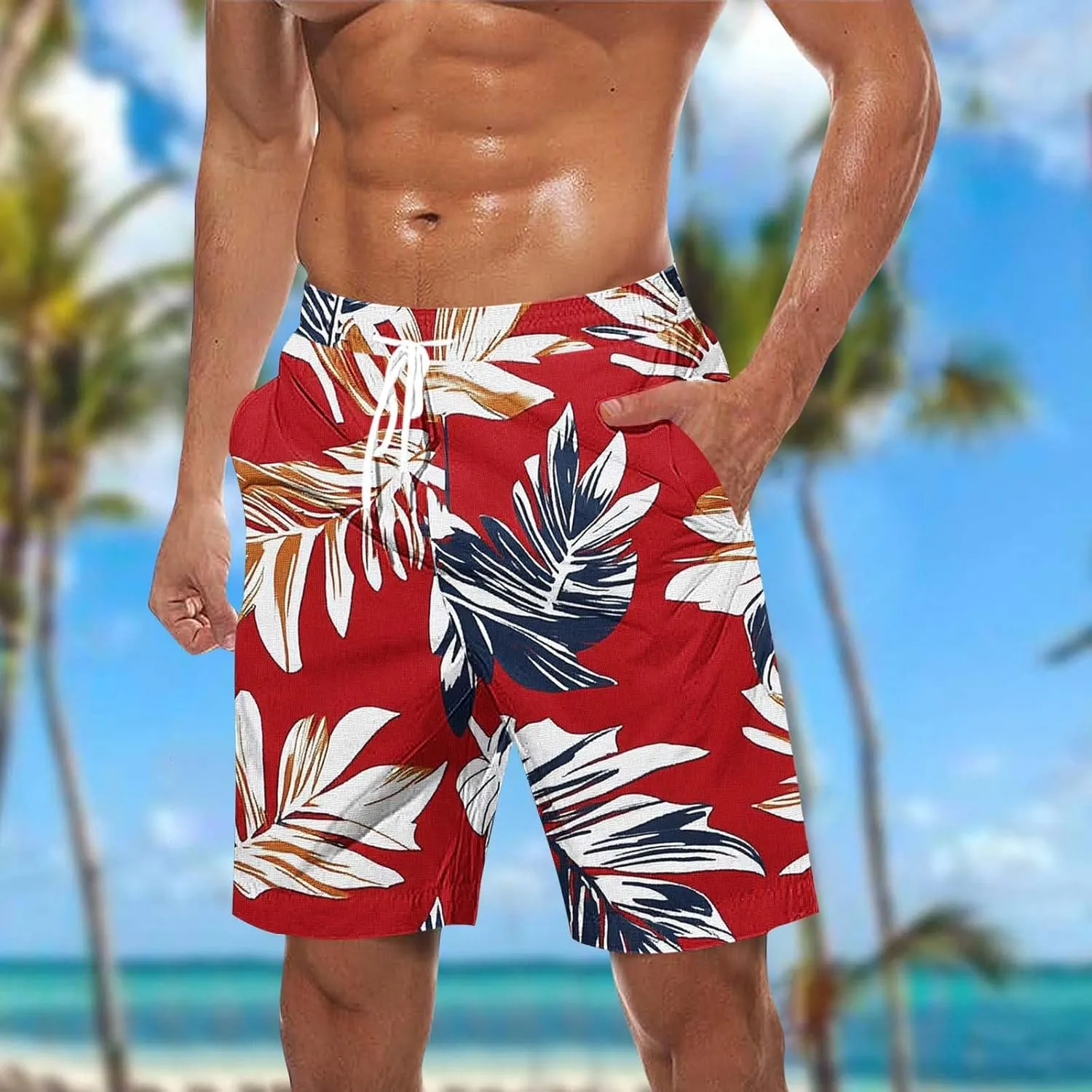 Mens Shorts Cotton Linen Shorts Elastic Waist Casual Cargo Shorts Lightweight Classic Fit Summer Beach Shorts