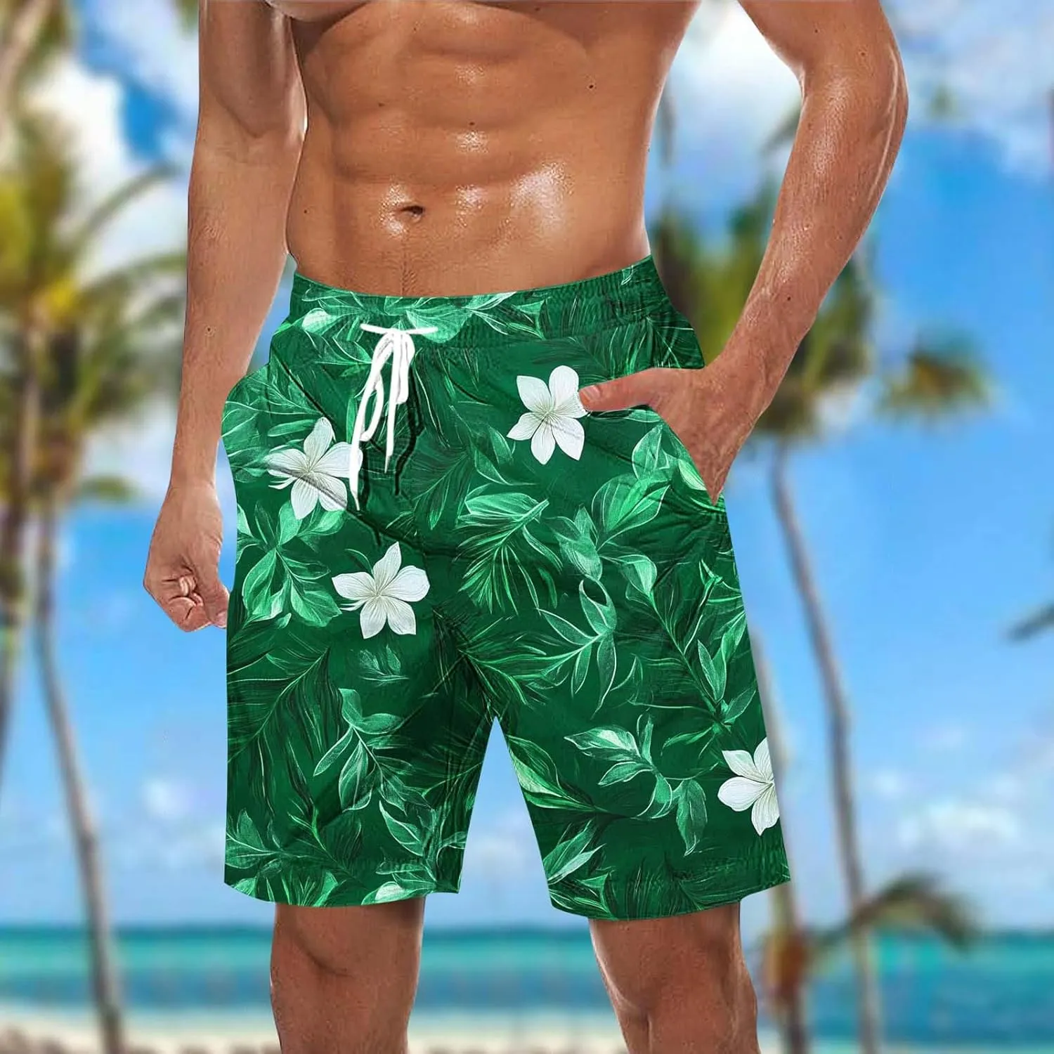 Mens Swim Trunks Linen Shorts Casual Cotton Elastic Waist Drawstring Summer Beach Vacation Shorts with Pockets