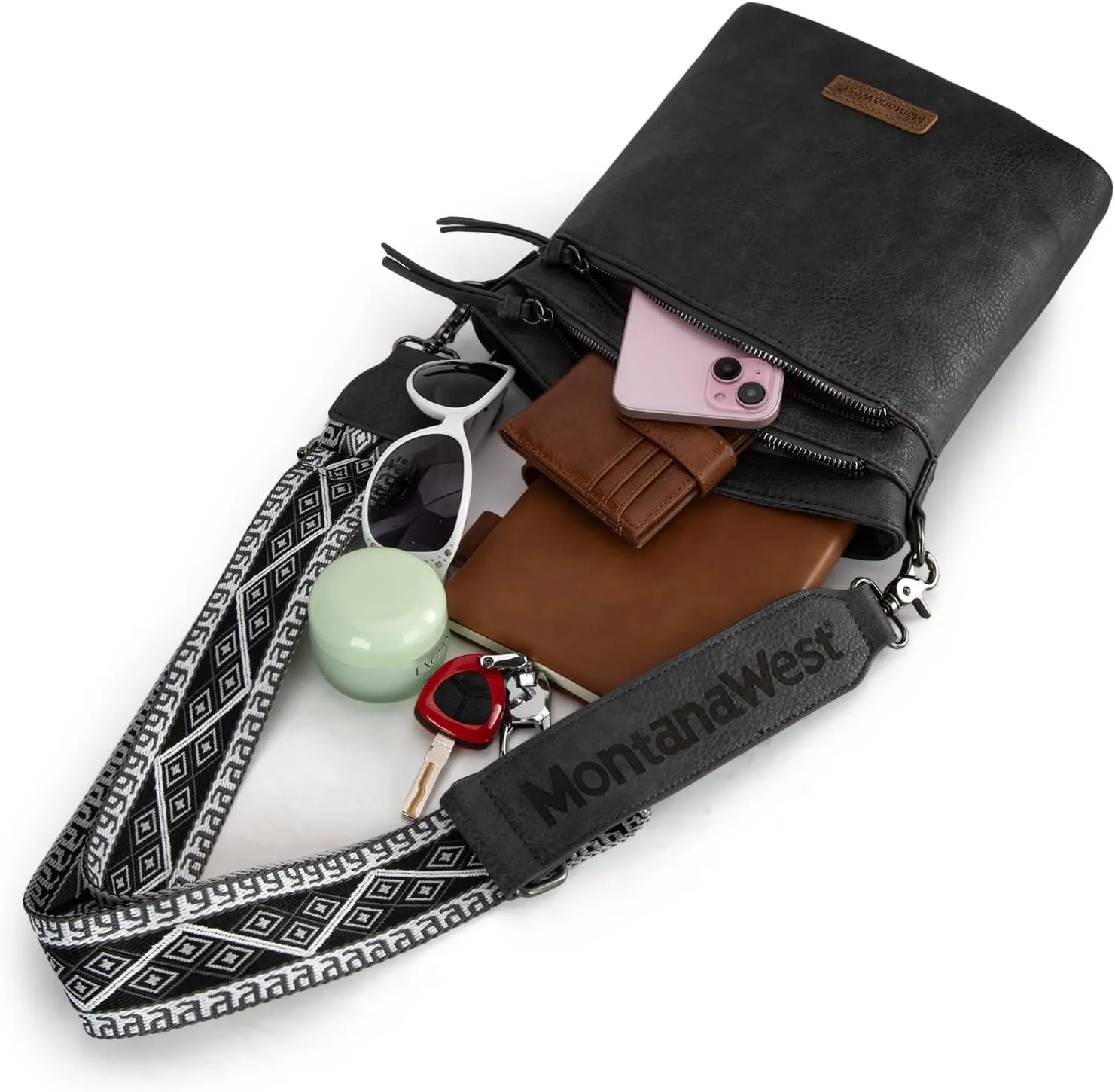 Montana West Multi Zip Pocket Large Crossbody Bag With Guitar Strap