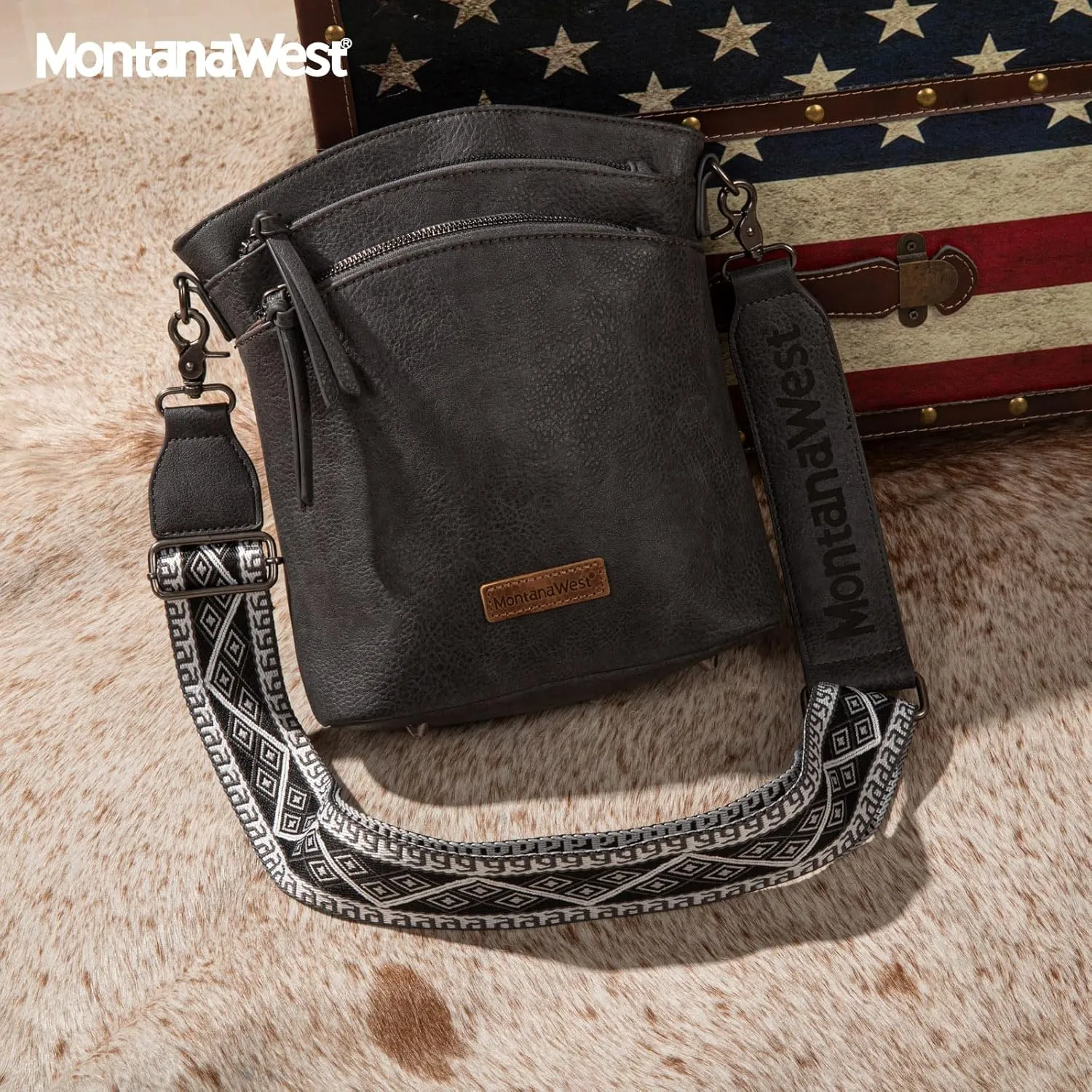 Montana West Multi Zip Pocket Large Crossbody Bag With Guitar Strap