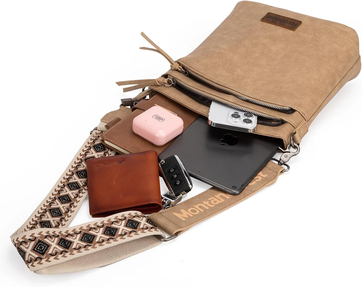 Montana West Multi Zip Pocket Large Crossbody Bag With Guitar Strap