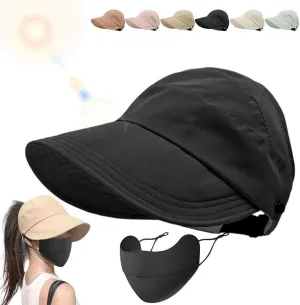 Outdoor UV Protection Hollow Top Sun Hat UPF 50 , Women UV Protection Wide Brim, Foldable Lightweight Breathable(with Mask)
