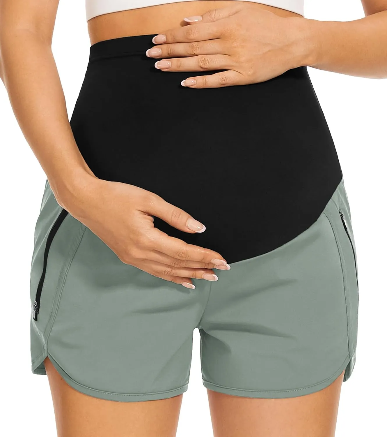 PACBREEZE Women's Maternity Shorts Over Belly Quick Dry Workout Athletic Running Shorts with Zipper Pockets