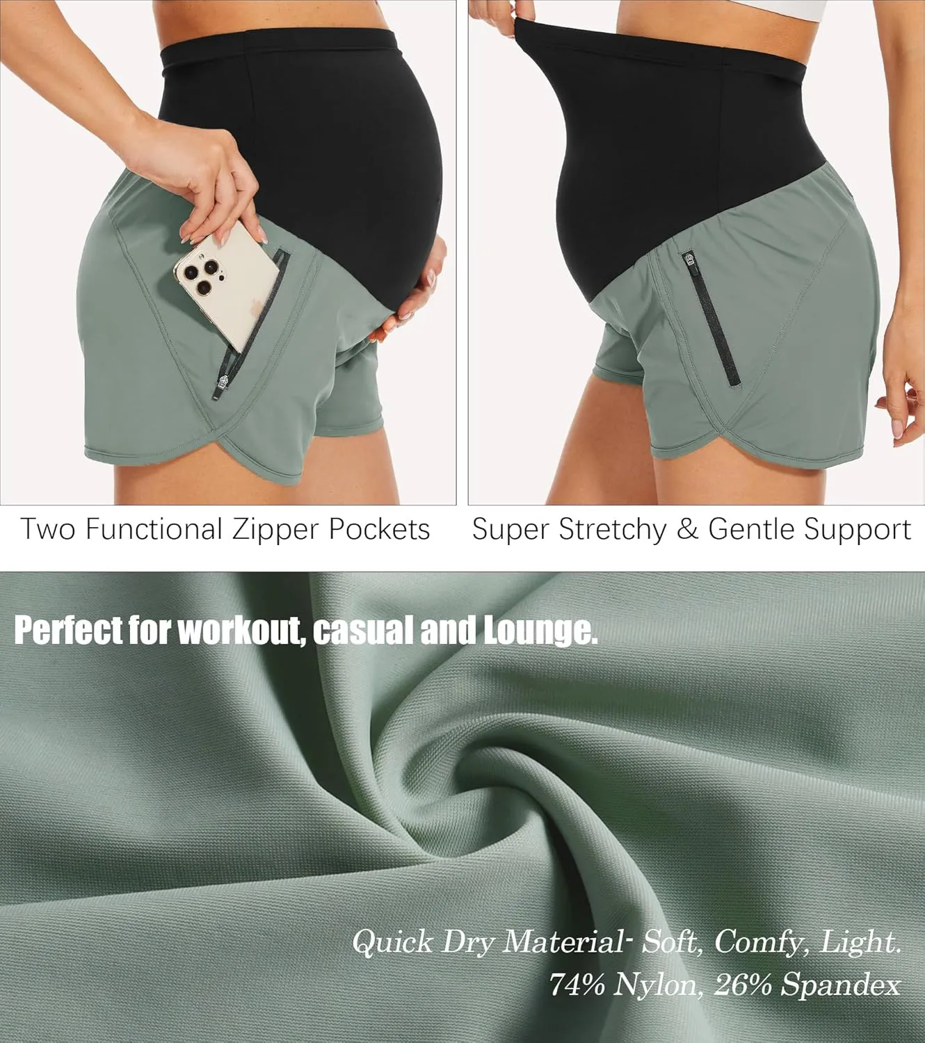 PACBREEZE Women's Maternity Shorts Over Belly Quick Dry Workout Athletic Running Shorts with Zipper Pockets