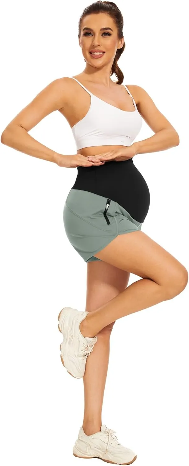 PACBREEZE Women's Maternity Shorts Over Belly Quick Dry Workout Athletic Running Shorts with Zipper Pockets